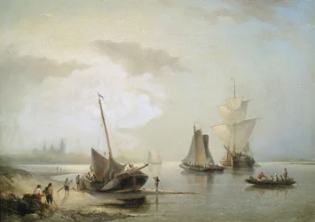 Voiliers sur la côte hollandaise au lever du soleil